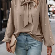 Koszule damskie - TEMU Elegancka Bluzka Damska z Perłowymi Ozdobami, Bufkowe Rękawy i Stójkowym Kołnierzem - Beżowa Koszula w Długim Kroju Przypominająca Kurtkę, - miniaturka - grafika 1