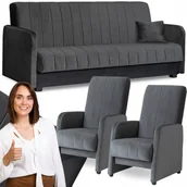 Fotele - Zestaw Mebli Wersalka Kanapa Rozkładana Szara i 2x Fotel Wypoczynkowy PORTO - miniaturka - grafika 1
