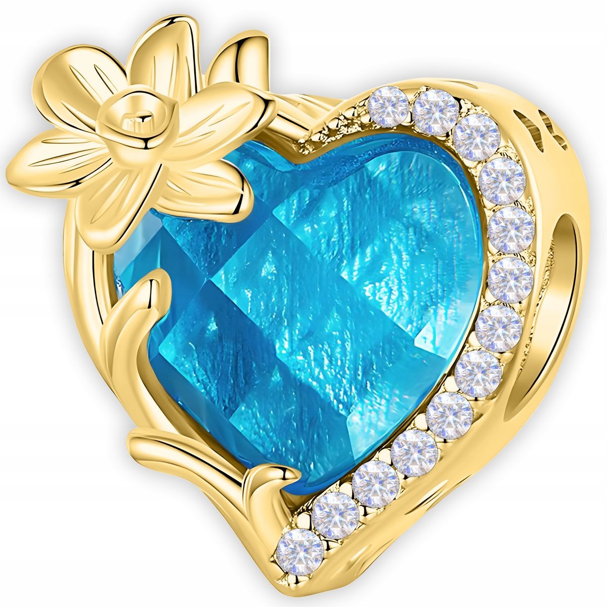 Złoty Charms Kryształowe Niebieskie Serce Kwiat Cyrkonie SREBRO 925