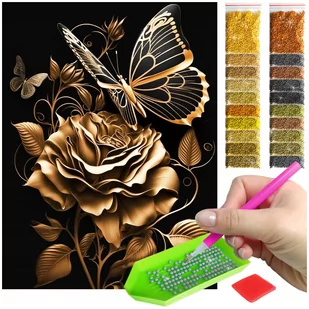 Haft Diamentowy 30x40 Diamond Painting mozaika Motyl na złotej róży zestaw akcesoria - Zabawki kreatywne - miniaturka - grafika 1