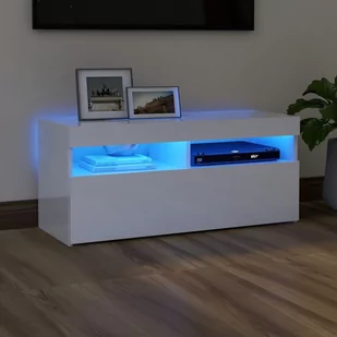 vidaXL Szafka TV z oświetleniem LED, wysoki połysk, biała, 90x35x40 cm - Szafki RTV - miniaturka - grafika 1