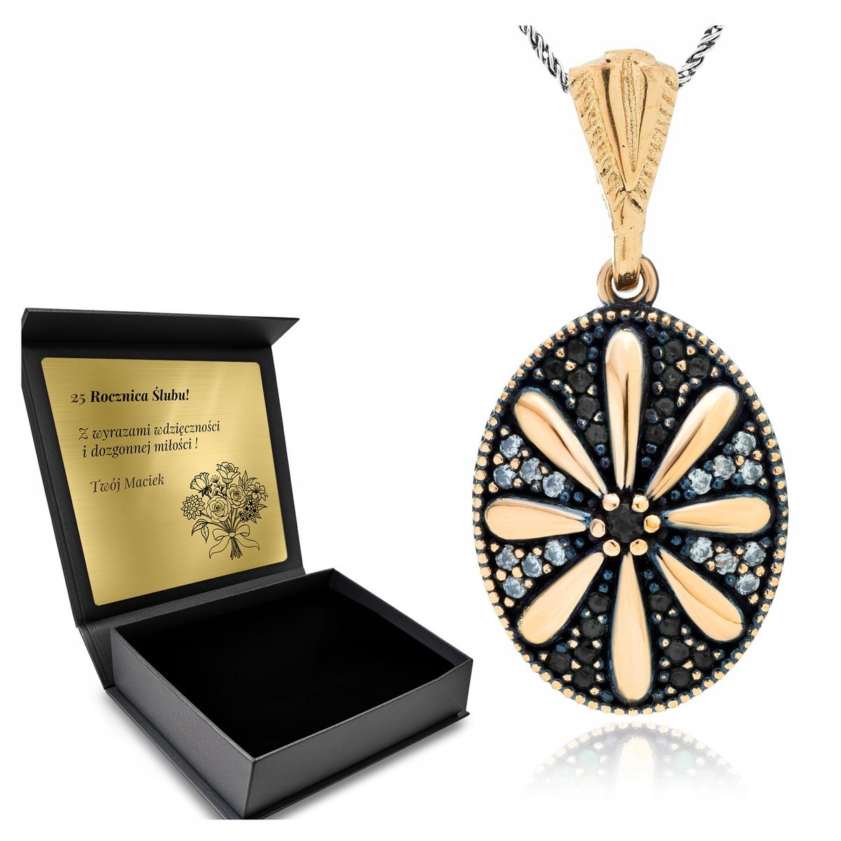 Naszyjnik Srebrny 925 Cyrkonie Kwiat Biżuteria Dla Kobiety + Grawer