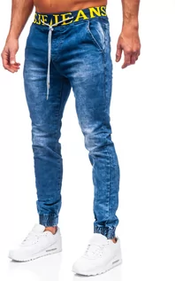 Spodnie męskie - Granatowe spodnie jeansowe joggery męskie Denley TF113 - grafika 1