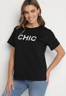 Czarny T-shirt Bawełniany z Napisem i Perełkami Nalinor - Koszulki i topy damskie - miniaturka - grafika 1