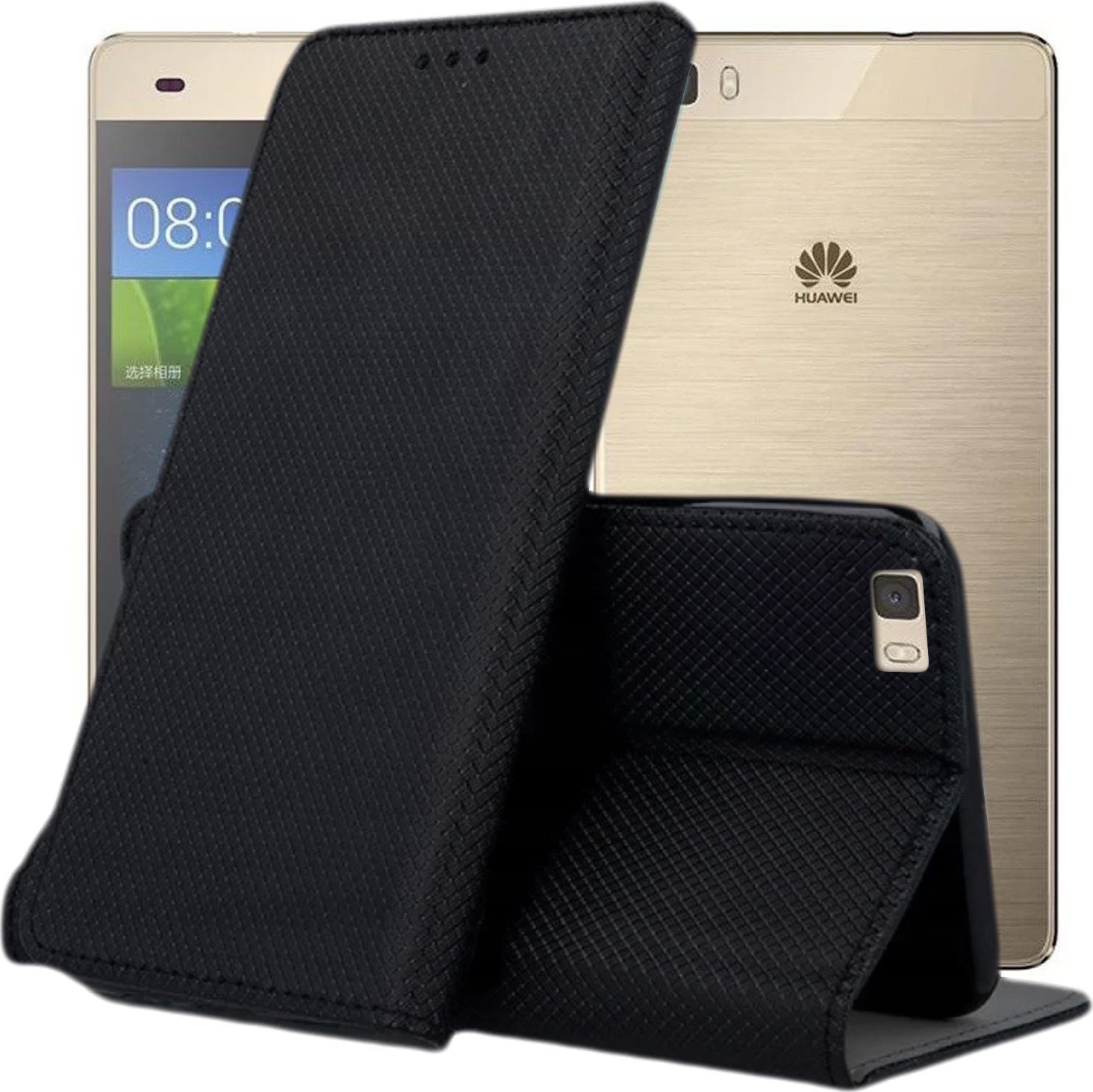Hello Case ETUI Z KLAPKĄ DO HUAWEI P8 LITE CZARNE ZAMYKANE MAGNETYCZNE KABURA FUTERAŁ