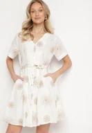 Sukienki - Biała Sukienka w Stylu Boho w Haftowane Kwiaty ze Sznurkiem Evionis - miniaturka - grafika 1