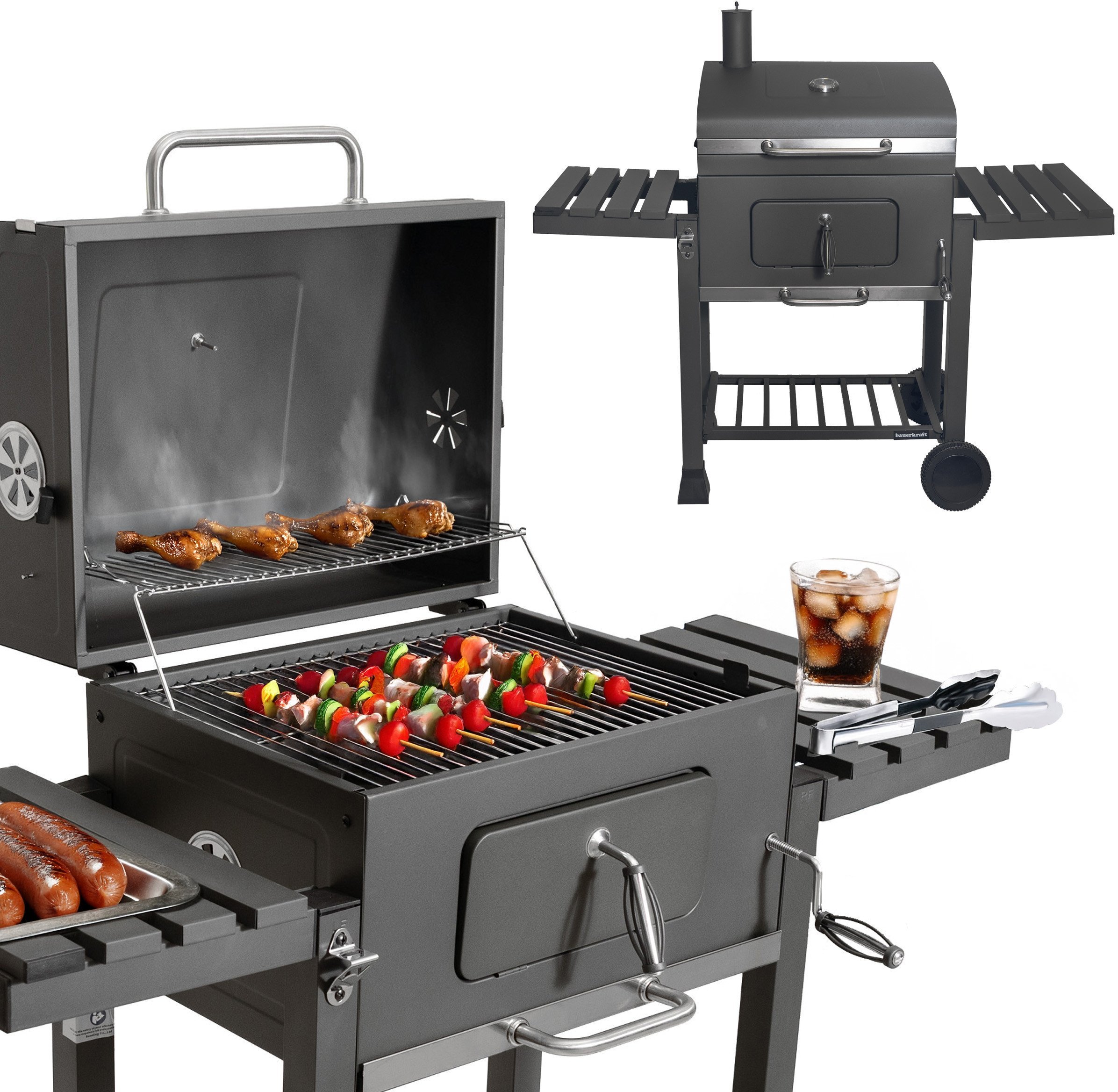 Bauerkraft Duży grill węglowy ogrodowy ruszt z pokrywą popielnik termometr otwieracz