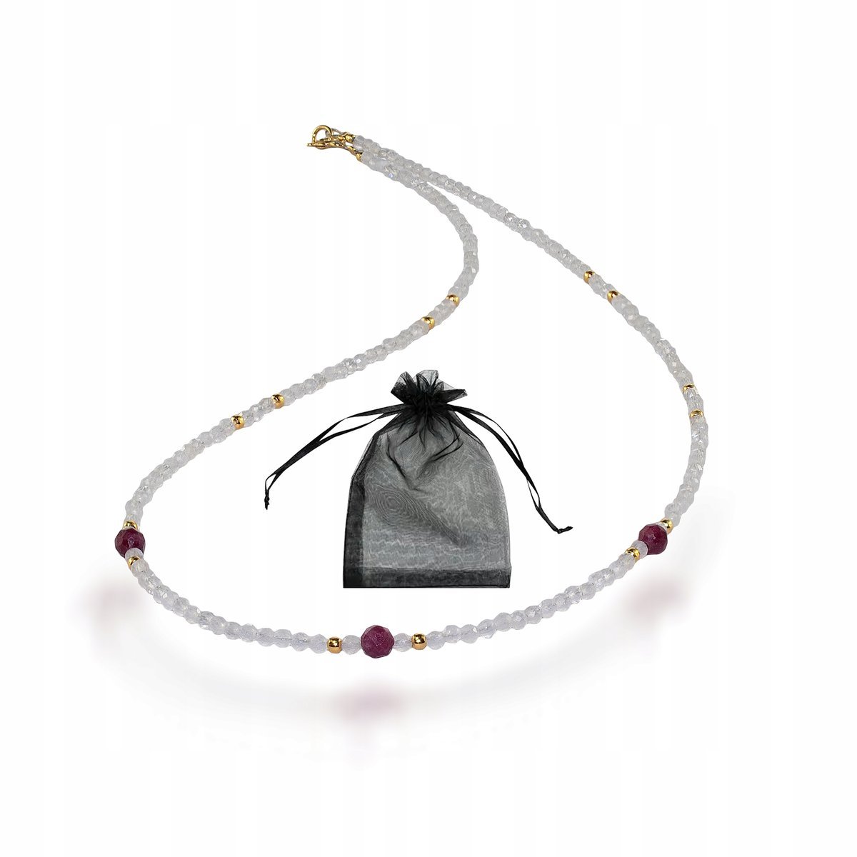 Naszyjnik naturalny KAMIEŃ KSIĘŻYCOWY i RUBELIT fasetowane kule 2mm 45cm