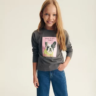 Bluzki dla dziewczynek - Reserved - Bawełniany longsleeve z nadrukiem - Szary - grafika 1