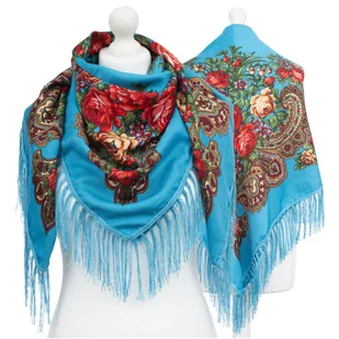 Duża Damska Chusta Folkowa Apaszka Ludowa Góralska Frędzle Etno Kwiaty - Chu-9028-Nie - Apaszki i szaliki damskie - miniaturka - grafika 1