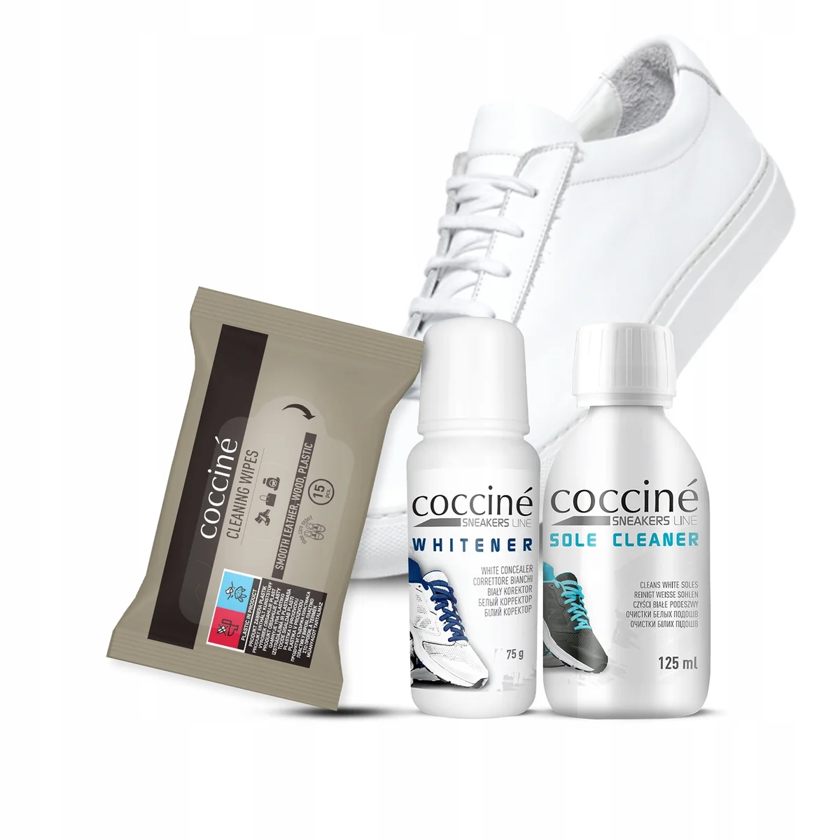 ZESTAW COCCINE DO CZYSZCZENIA BIAŁYCH BUTÓW SPORTOWYCH SNEAKERSÓW 3W1 preparat obuwniczy, odplamianie, usuwanie soli, wszystkie materiały