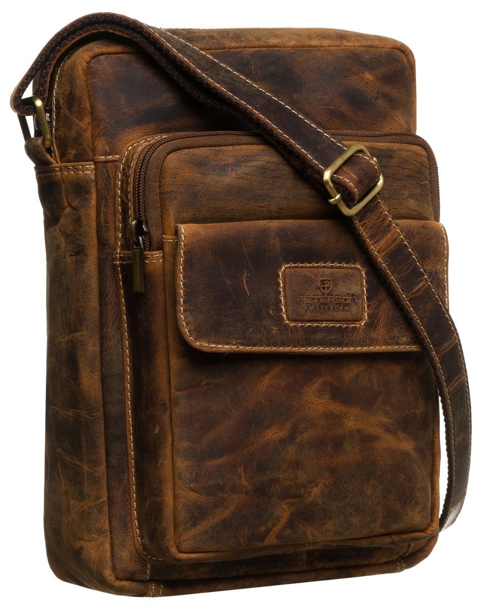 Torebka męska na co dzień skórzana PETERSON listonoszka miejska minimalistyczna brązowa na suwak kieszonki na dokumenty telefon elegancka mała sasze..