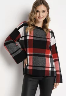 Swetry damskie - Czerwono-Czarny Klasyczny Sweter w Kratkę z Długimi Luźnymi Rękawami Rafina - grafika 1