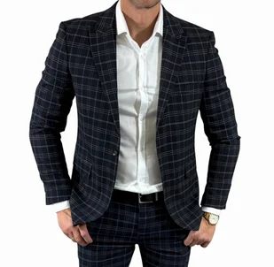 Marynarka jednorzędowa taliowana granatowa w drobną kratkę DJM11 50 - Marynarki męskie Marynarka jednorzędowa taliowana granatowa w drobną kratkę DJM11 50 - Marynarki męskie - miniaturka - grafika 1