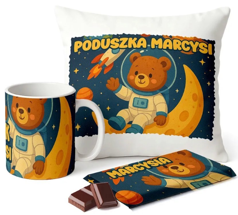 Zestaw Kubek Poduszka Czekolada z Imieniem Miś Astronauta Prezent Dziecka