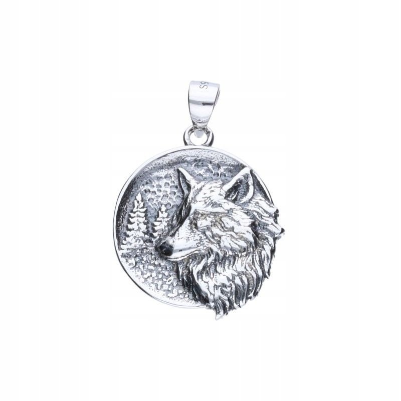 Srebrna Zawieszka Wilk 925 Oksydowana Średnica 18mm 4.34g wisior na łańcuch