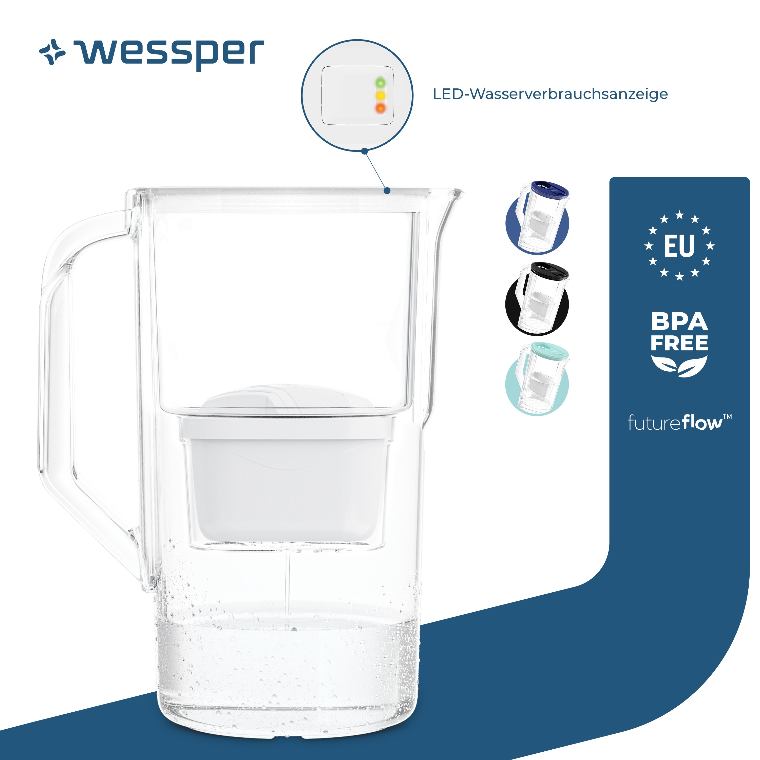 Dzbanek filtrujący wodę Wessper 2,8 l z licznikiem LED Kompatybilny z Brita Maxtra Zestaw 1 dzbanek filtrujący wodę + wkład filtrujący wodę - Biały