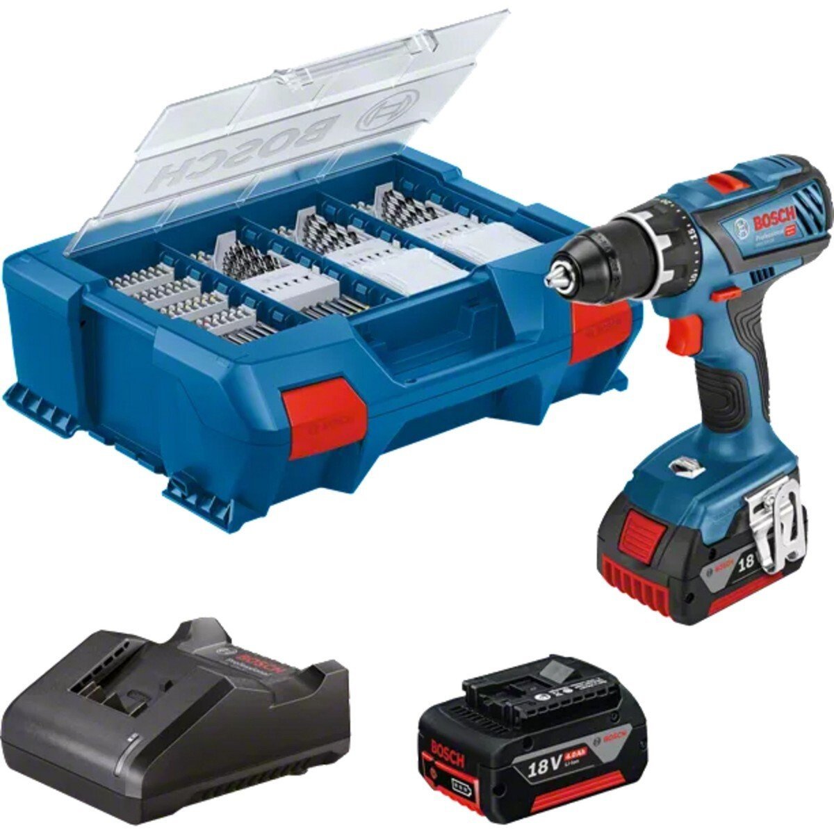 Bosch Professional Cordless Drill GSR 18V-28 Professional, 18 Volt blue/black, 2x Li-ion batteries 3.0Ah, 82-piece accessory set