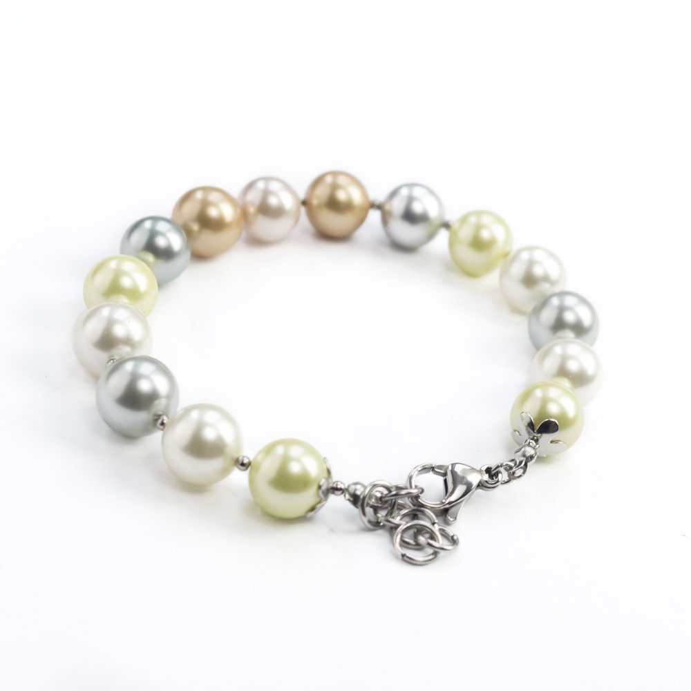 Bransoletka pastelowe perły muszla seashell, stal chururgiczna / JG. Projekt