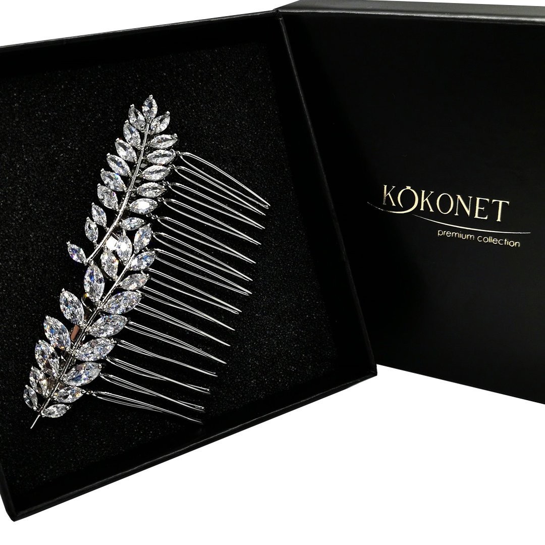 Grzebyk z listkami srebrny cyrkonie SWAROVSKI BOHO diamentowe