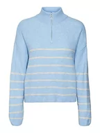 Bluzy damskie - VERO MODA Vmolina Ls bluza damska z zamkiem błyskawicznym z wysokim dekoltem, Blue Bell/Stripes:w. Birch Stripes, XL - miniaturka - grafika 1