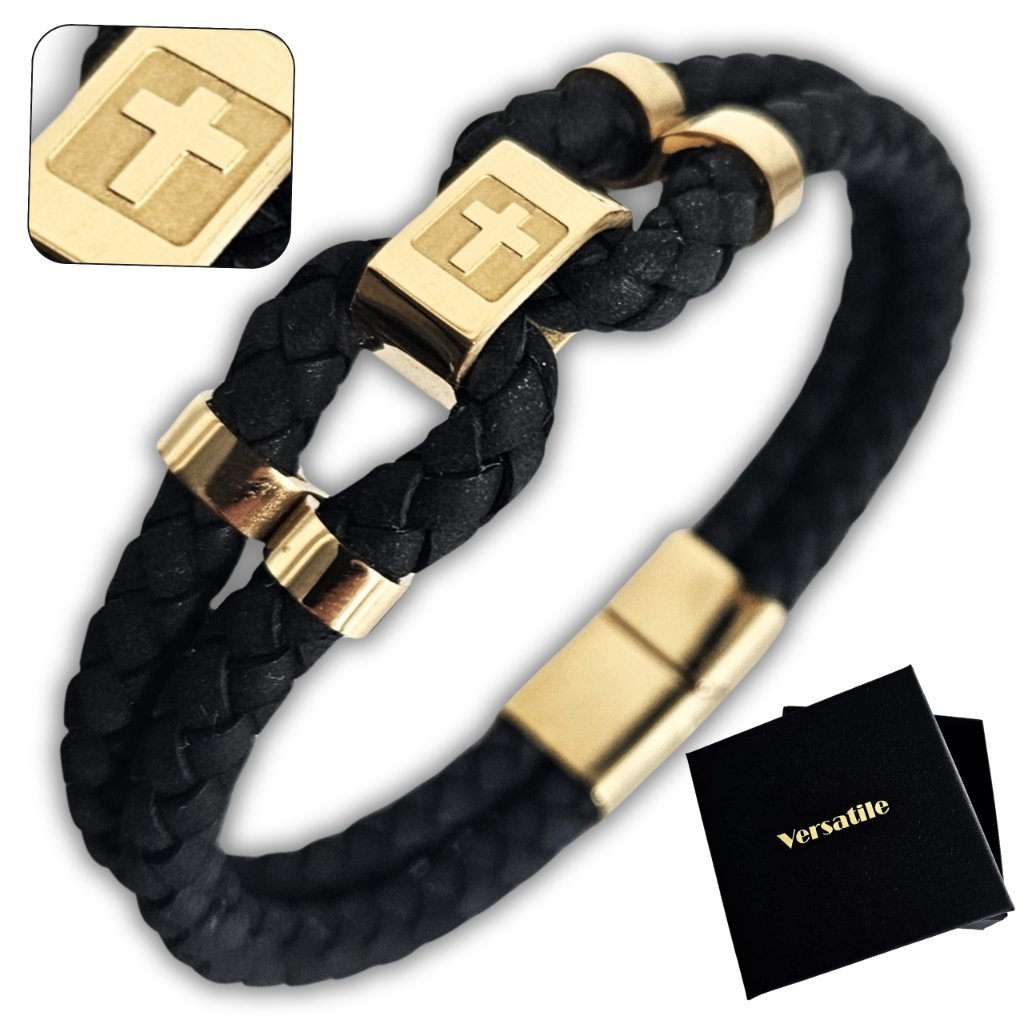 Bransoletka męska SKÓRZANA z krzyżykiem ZŁOTY KRZYŻ JAKOŚĆ Versatile