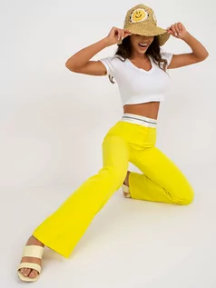 Spodnie damskie - Spodnie z materiału żółty elegancki klasyczny materiałowe dzwony nogawka szeroka w kant guziki suwak - grafika 1