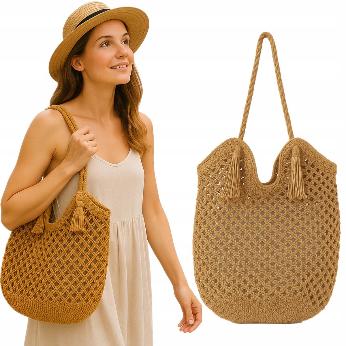 TORBA PLAŻOWA BOHO SŁOMIANA MIEJSKA SHOPPERKA NA PLAŻĘ NA ZAKUPY DUŻA