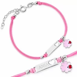 Srebrna Bransoletka 925 Sznurkowa ID Koniczynka Grawer - Pamiątka Pierwszej Komunii Świętej - miniaturka - grafika 1