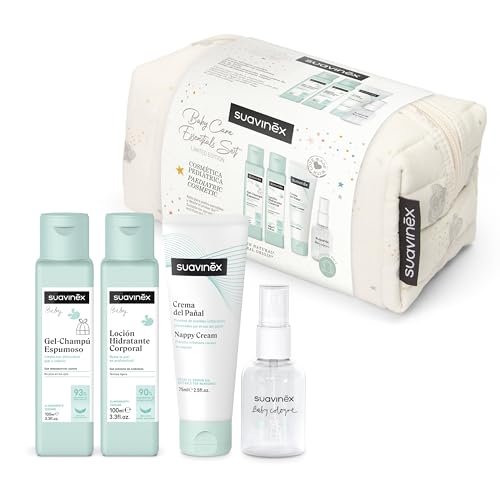 Suavinex, Kosmetyczka dla niemowląt, zestaw upominkowy dla noworodka z kosmetykami: żel szampon 100 ml + balsam nawilżający 100 ml + krem do pieluchy 75 ml + Baby Cologne 50 ml, format podróżny.