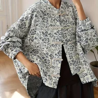Kurtki damskie - TEMU Elegancka Damska Kurtka Cheongsam w Chińskim Stylu z Niebiesko-Białym Kwiatowym Wzorem – Jednorzędowa Kołnierzyk, Luźny Krój Długi Rękaw Płaszcz - miniaturka - grafika 1