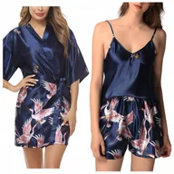 Bielizna nocna - Komplet szlafrok damski satynowy print top spodenki - M - miniaturka - grafika 1