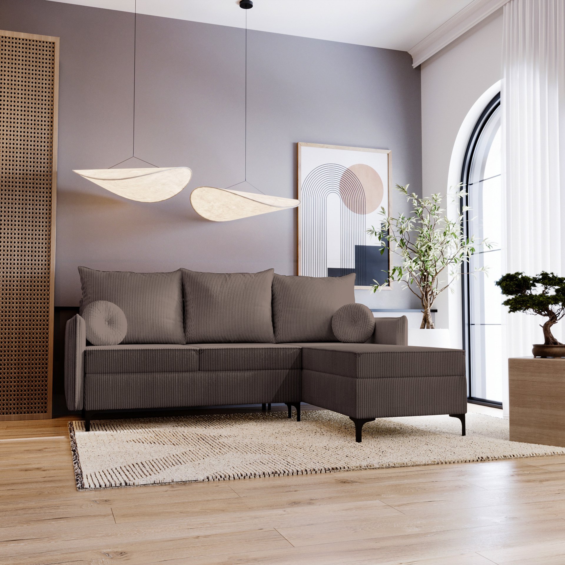 Narożnik w kształcie litery L Lion - Sofa do salonu z funkcją spania i podstawą łóżka - Prawa - Brązowy & Poso 04