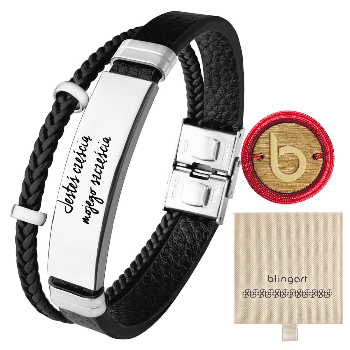 Bransoletka skórzana męska srebrna pleciona skóra