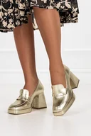 Mokasyny damskie - Złote mokasyny skórzane damskie błyszczące na klocku PRODUKT POLSKI Casu 2413-703-NO-40 - miniaturka - grafika 1