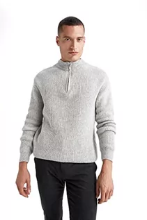 Koszulki męskie - DeFacto Męski sweter z dzianiny z długim rękawem, okrągły dekolt, slim fit dla mężczyzn, topy (szary melanż, 3XL), szary melanż, 3XL - grafika 1