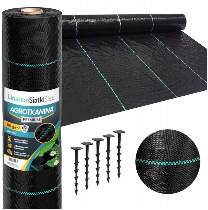 AGROTKANINA 110G 0,8x100m PREMIUM UV 3% AGROWŁÓKNINA CZARNA MATA + KOŁKI