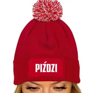Czapki damskie - Czerwona Czapka Zimowa Z Pomponem PIŹDZI Ciepła Na Prezent Wzory - miniaturka - grafika 1