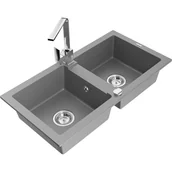 Zlewozmywaki z baterią - Mexen Mario zlewozmywak granitowy 2-komorowy z baterią kuchenną Rita, szary - miniaturka - grafika 1