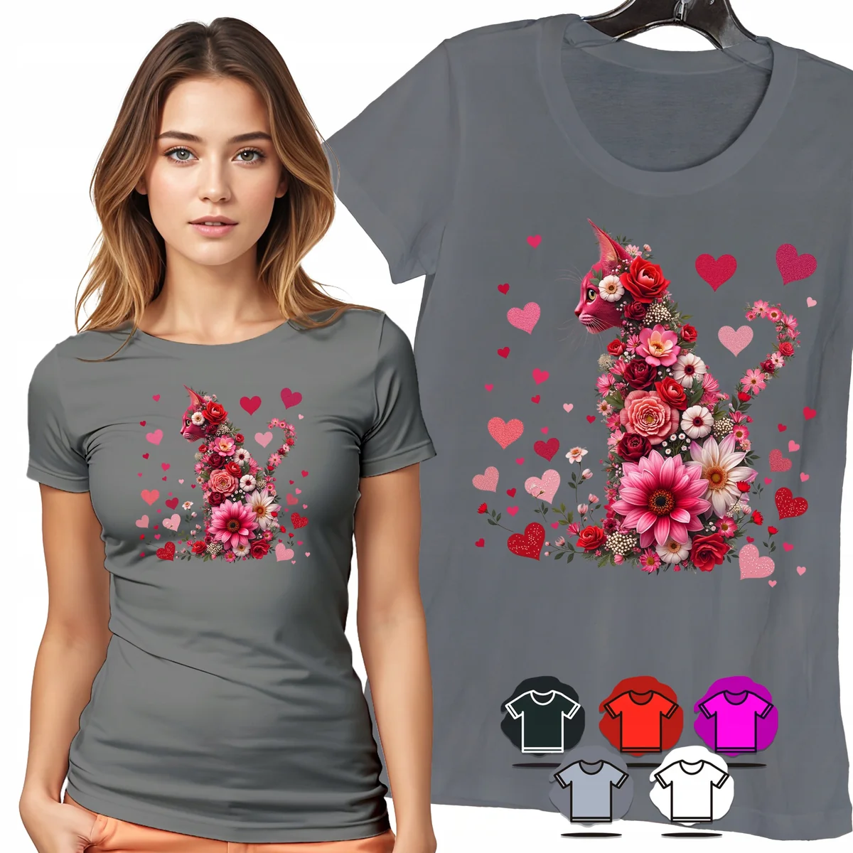 KOSZULKA DAMSKA T-SHIRT - LAMA KWIATY SERCA RÓŻOWY DAMSKI MOTYW MODA - 3XL