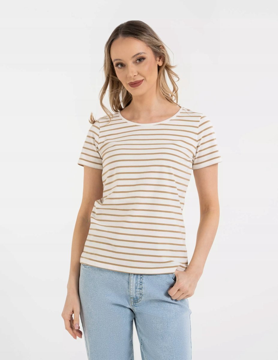 Damska Koszulka T-shirt Bawełniana w Paski Klasyczna BEŻOWA MORAJ S