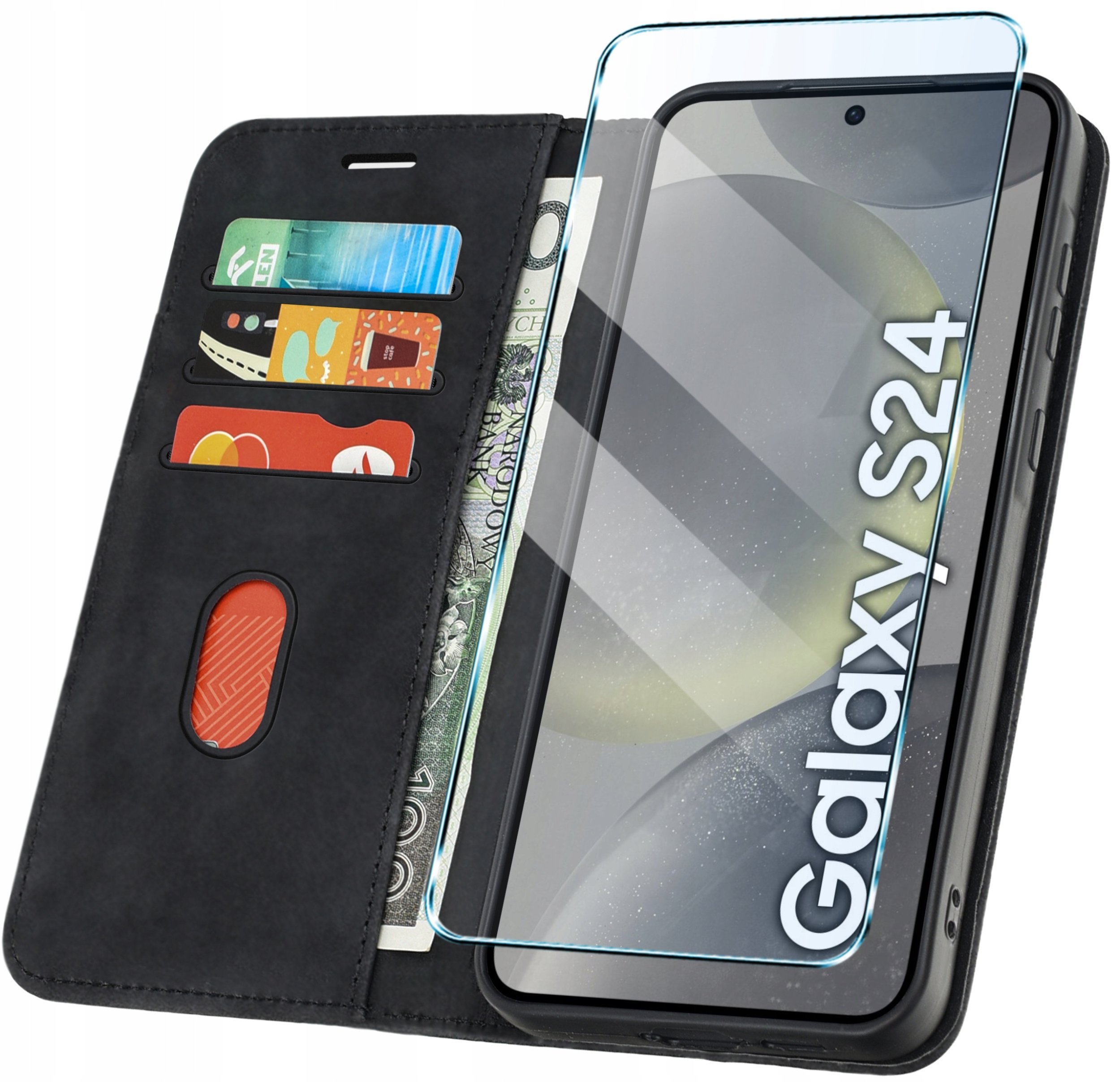 ETUI Z KLAPKĄ do Samsung S24 Zamykane Magnetyczne Kabura Czarne + Szkło
