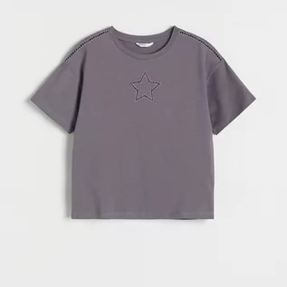 Koszulki dla dziewczynek - Reserved - Bawełniany t-shirt z przeszyciami - Szary - grafika 1