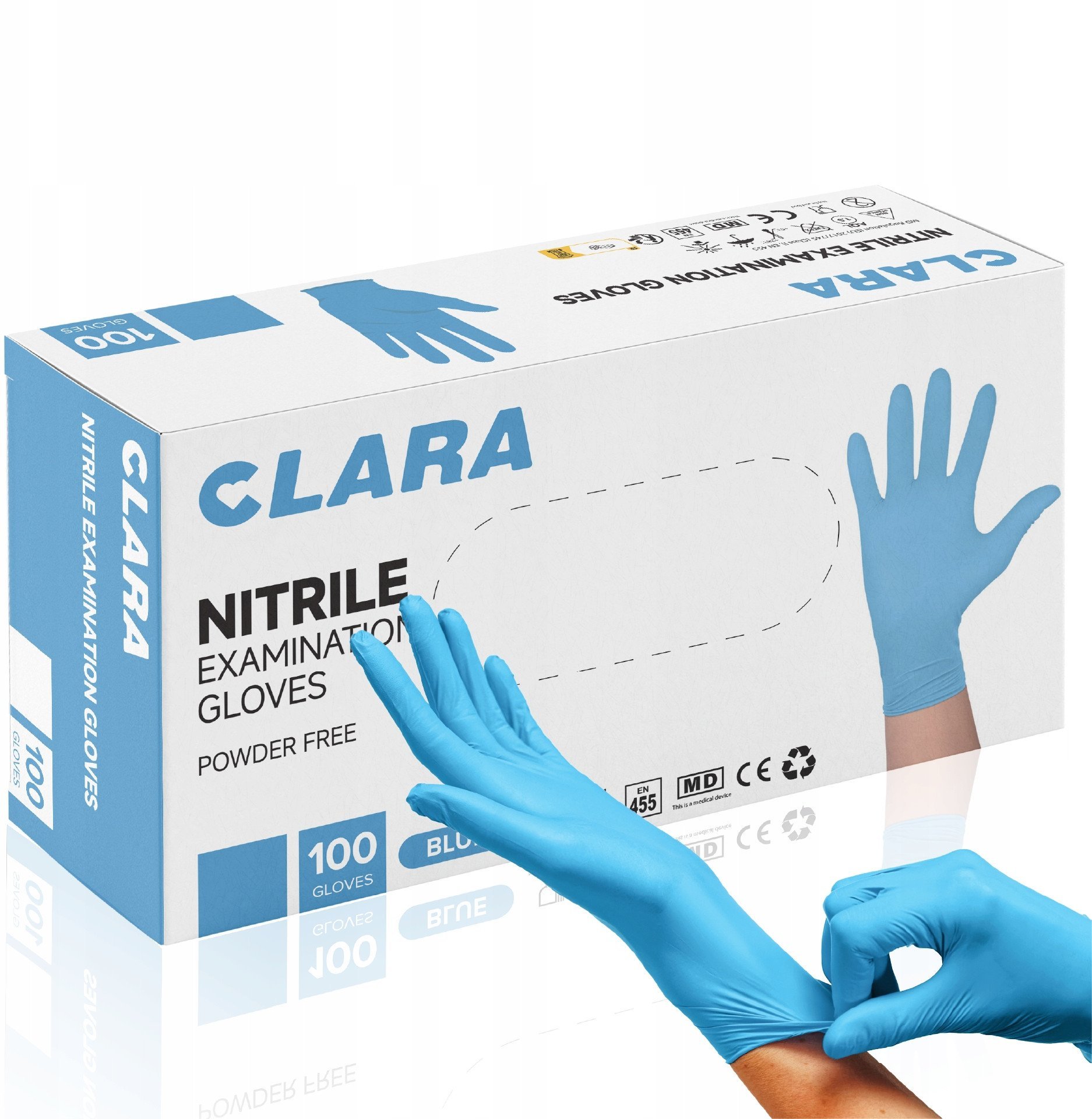 Rękawice nitrylowe bezpudrowe CLARA, 100 szt., rozmiar XS, niebieskie
