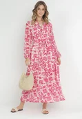 Sukienki - Fuksjowa Sukienka Maxi w Kwiaty z Guzikami i Materiałowym Paskiem Kinzey - miniaturka - grafika 1
