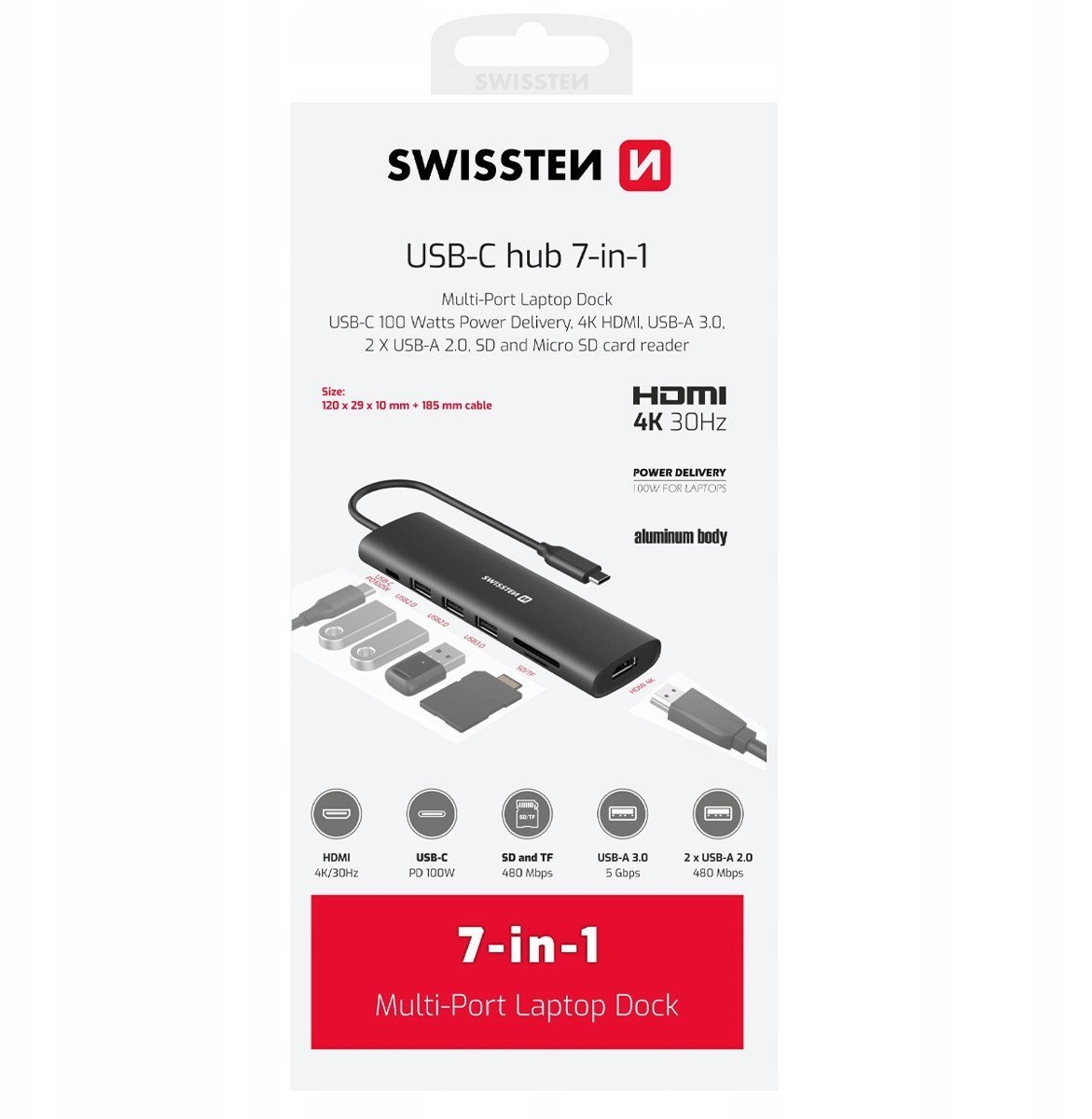 Swissten Daudzportu klēpjdatora dokstacija USB-C Hub 7in1 USB-C 100W / HDMI 4K / USB-A 3.0 / 2x USB-A 2.0 / SD / MicroSD