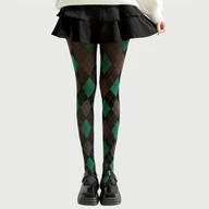 Rajstopy - TEMU Retro Damskie Rajstopy z Geometrycznym Wzorem - Ciemnozielone i Czerwone, Wysoki Stan, Elastyczne i Wygodne, Idealne na Codzienne lub Stylowe - miniaturka - grafika 1