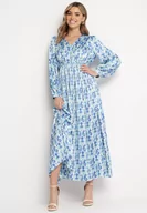 Sukienki - Niebiesko-Biała Satynowa Sukienka Maxi Ozdobiona Wzorem Paisley z Gumką w Pasie Wirlena - miniaturka - grafika 1