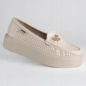 Mokasyny damskie - Mokasyny damskie skóra GOODIN GD-FL6101 ażurek lekkie klasyczne beż 36 - miniaturka - grafika 1