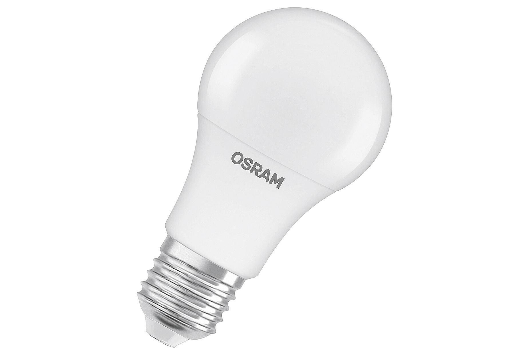 Żarówka LED OSRAM BASE CLASSIC A 60 FR z trzonkiem E27, kształt żarówki, opakowanie 3 sztuki, 8,5W, 806lm, 2700K, ciepłe białe światło, niskie wytwarzanie ciepła, bardzo niskie zużycie energii, długa żywotność